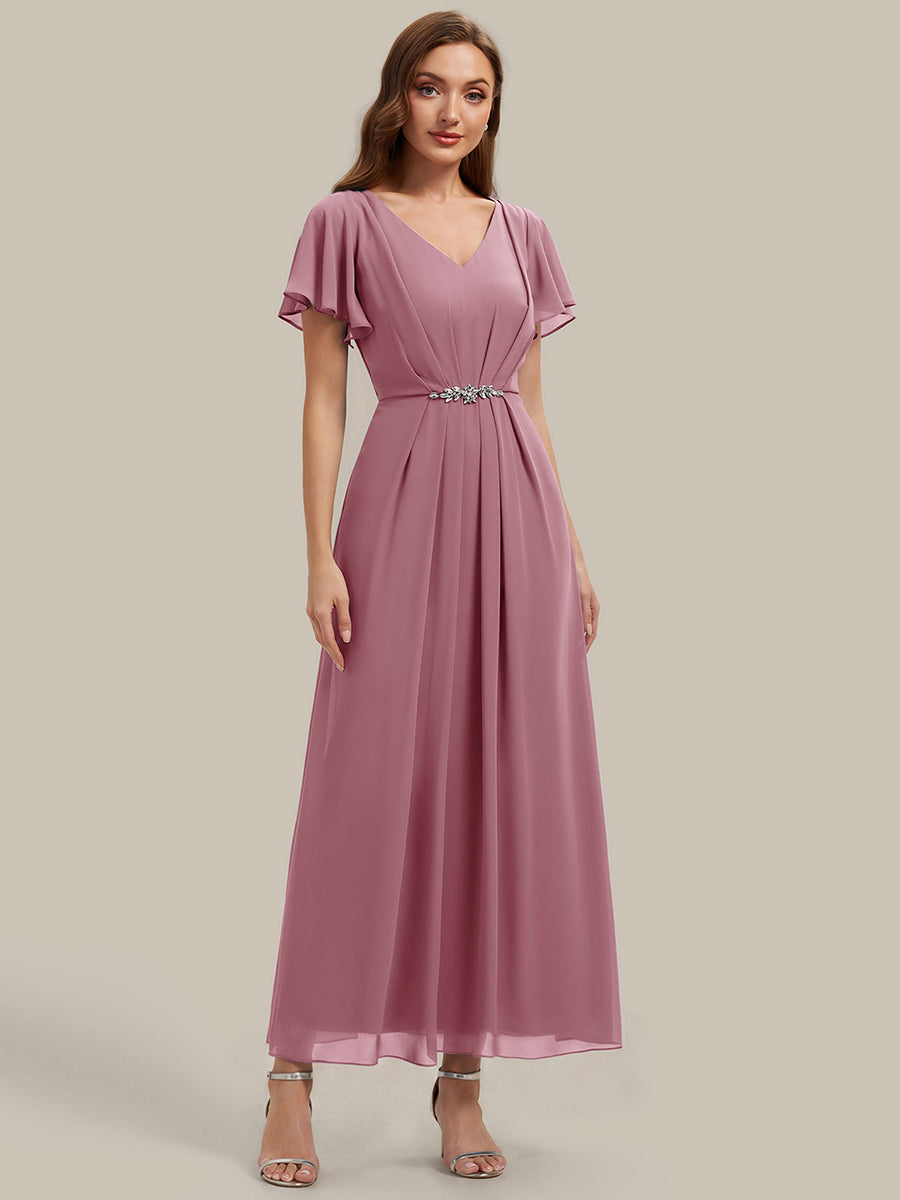 Rhinestone Embellished Chiffon Ruffle Sleeve Wedding Guest Dress #color_Purple Orchid