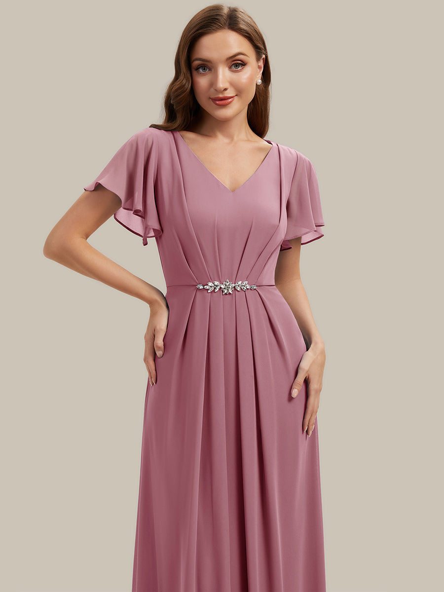 Rhinestone Embellished Chiffon Ruffle Sleeve Wedding Guest Dress #color_Purple Orchid