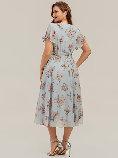 Plus Size Chiffon Ruffle Sleeve Wedding Guest Dress #color_Amber Bloom