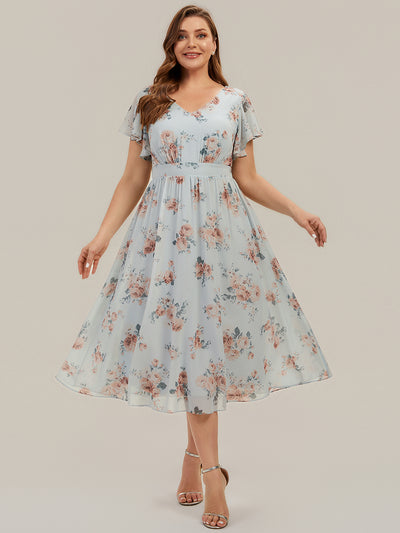 Plus Size Chiffon Ruffle Sleeve Wedding Guest Dress