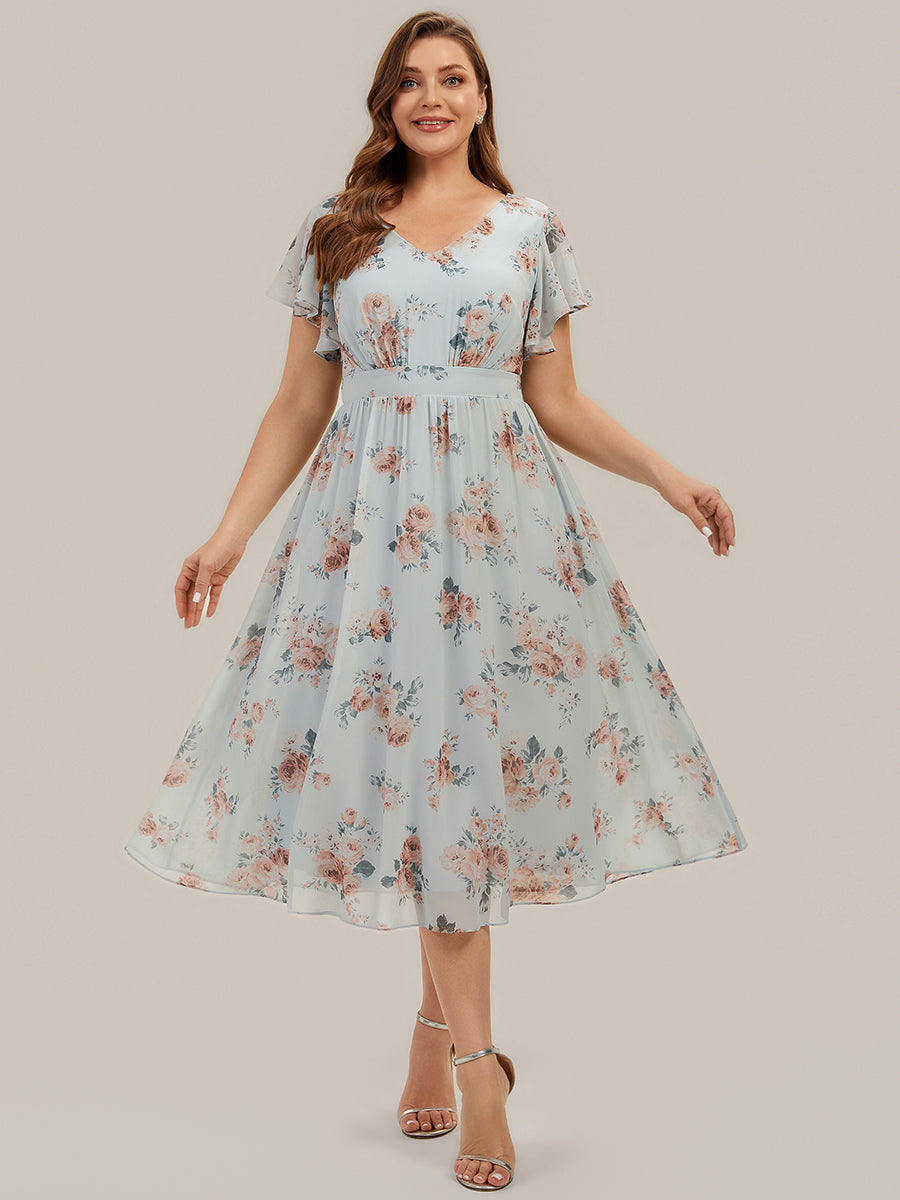 Plus Size Chiffon Ruffle Sleeve Wedding Guest Dress #color_Amber Bloom