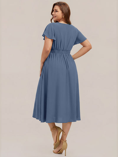Plus Size Chiffon Ruffle Sleeve Wedding Guest Dress #color_Dusty Blue
