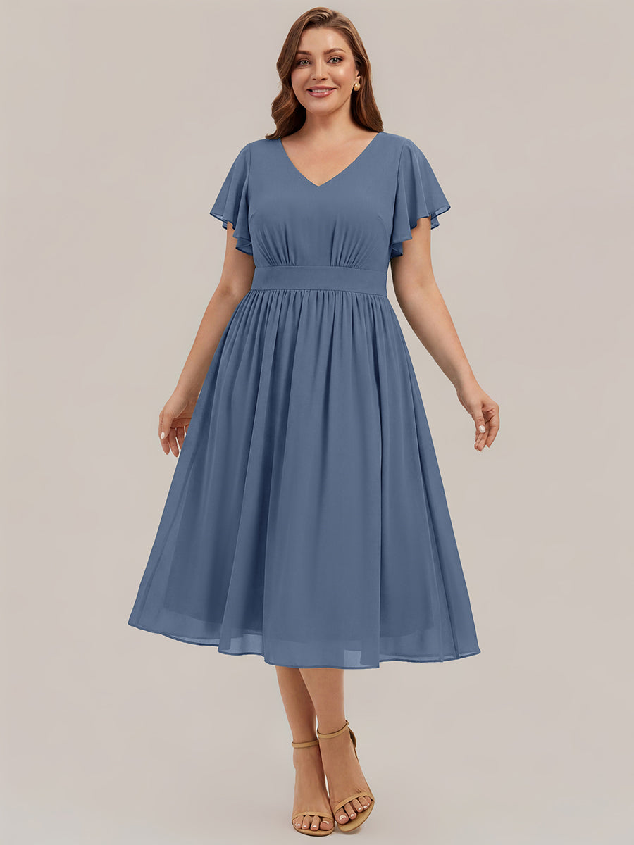 Plus Size Chiffon Ruffle Sleeve Wedding Guest Dress #color_Dusty Blue