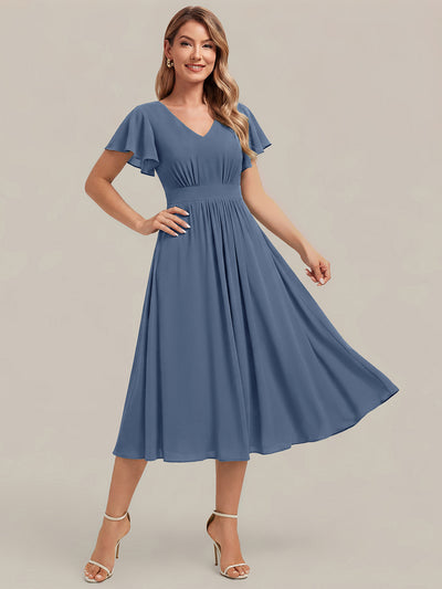 Chiffon Ruffle Sleeve A-Line Wedding Guest Dress