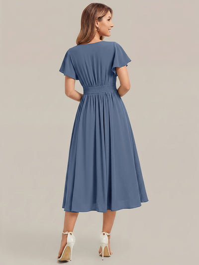 Chiffon Ruffle Sleeve A-Line Wedding Guest Dress #color_Dusty Blue