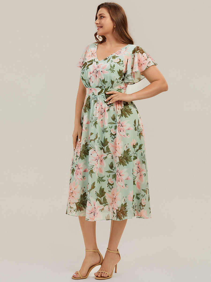 Plus Size Chiffon Ruffle Sleeve Wedding Guest Dress #color_Light Green Floral