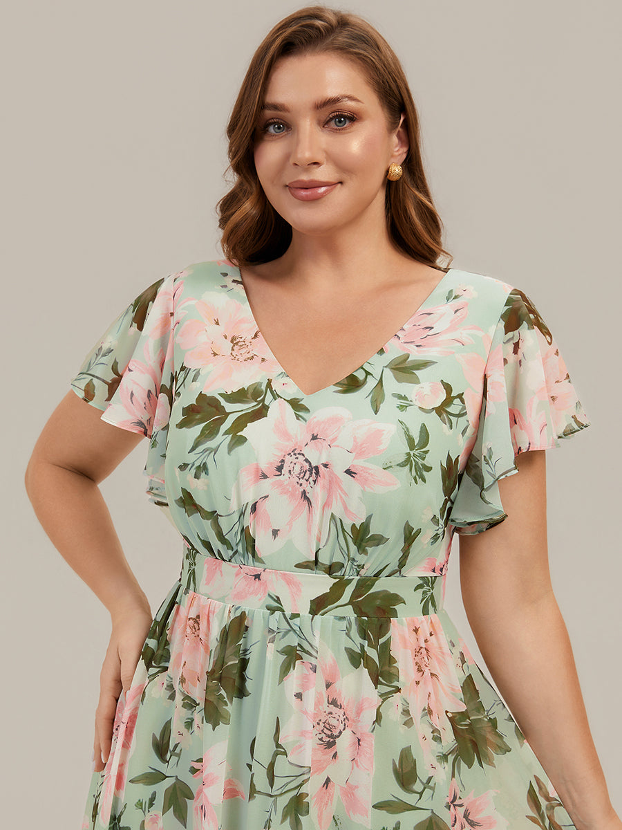 Chiffon Ruffle Sleeve A-Line Wedding Guest Dress #color_Light Green Floral