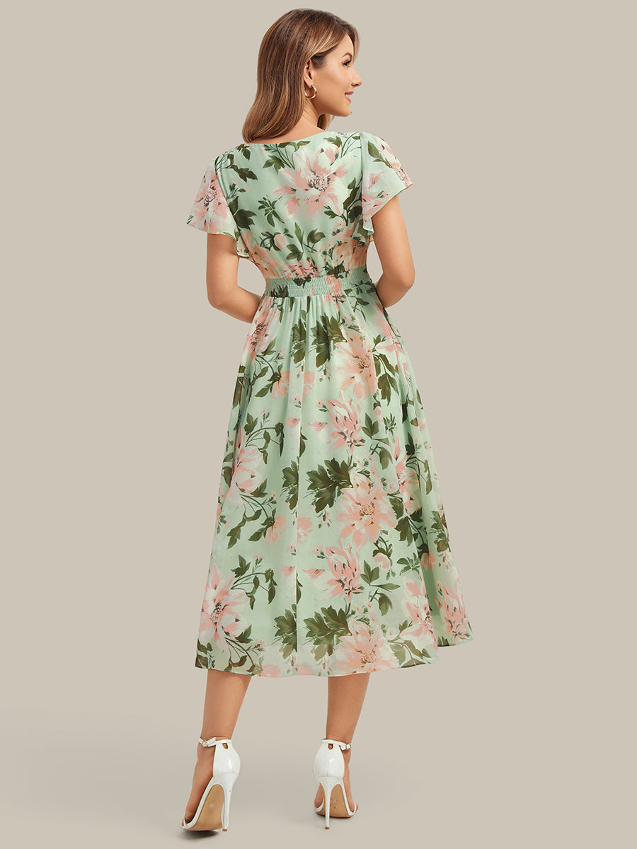 Chiffon Ruffle Sleeve A-Line Wedding Guest Dress #color_Light Green Floral