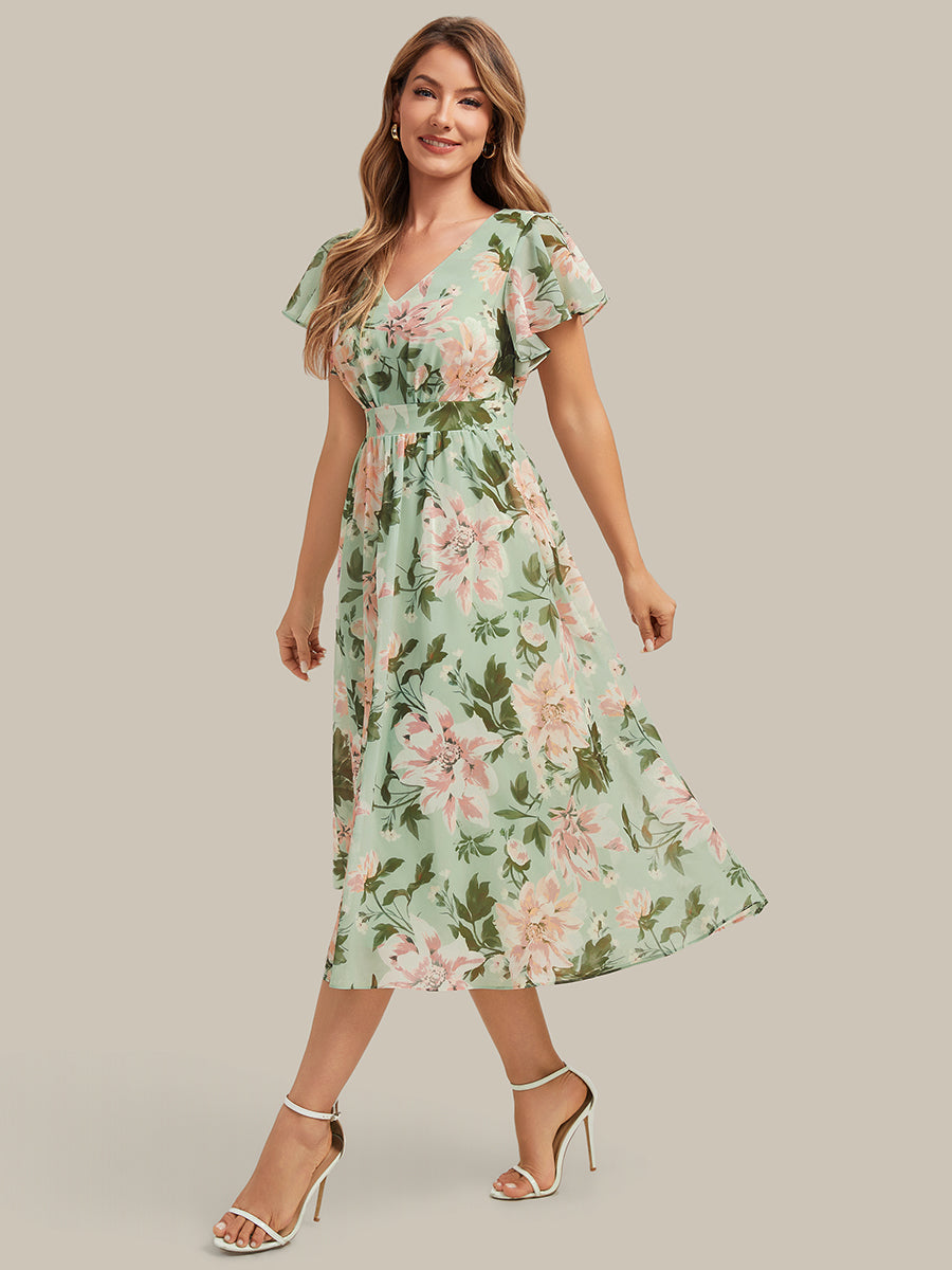 Chiffon Ruffle Sleeve A-Line Wedding Guest Dress #color_Light Green Floral