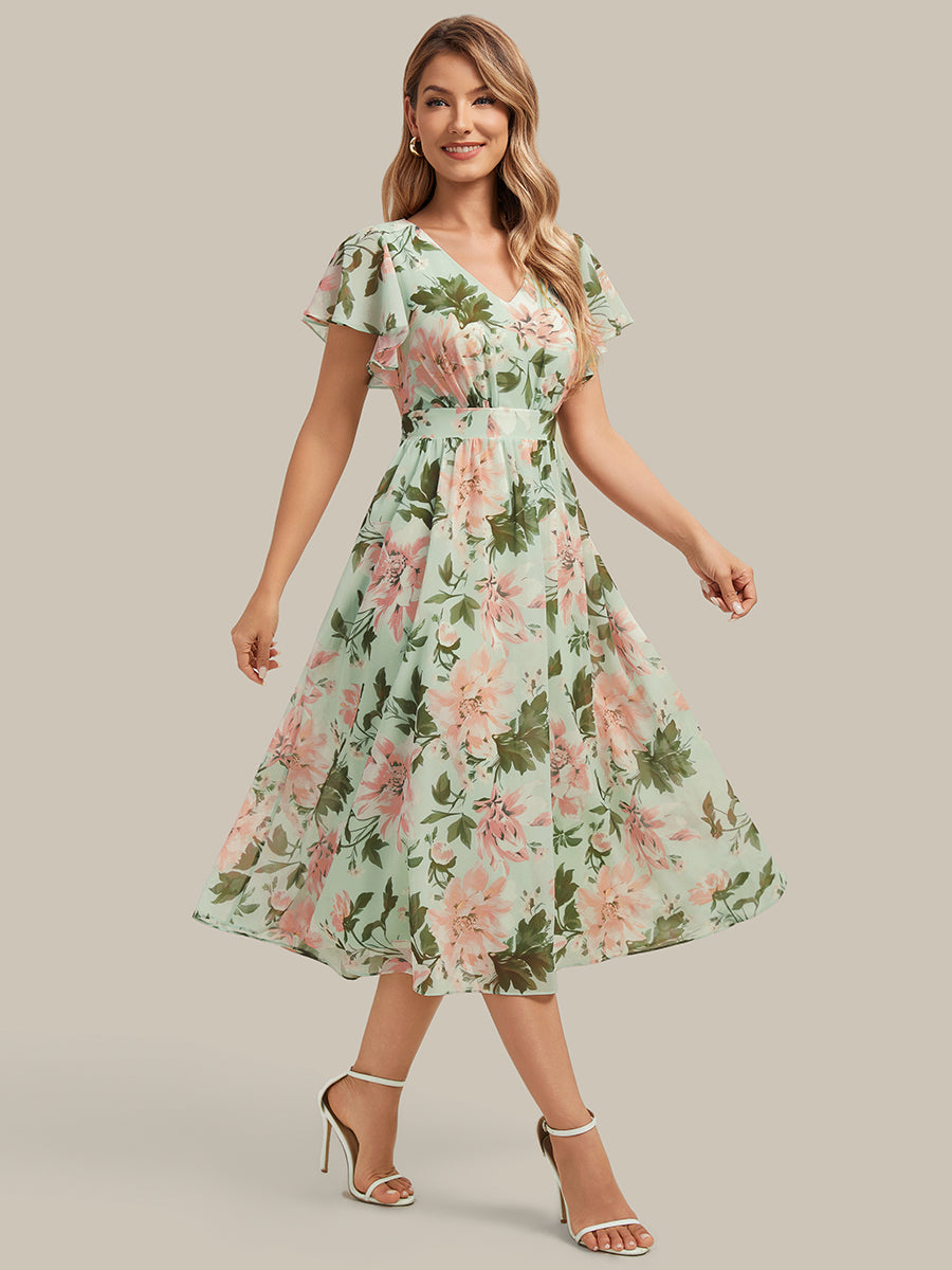 Chiffon Ruffle Sleeve A-Line Wedding Guest Dress #color_Light Green Floral