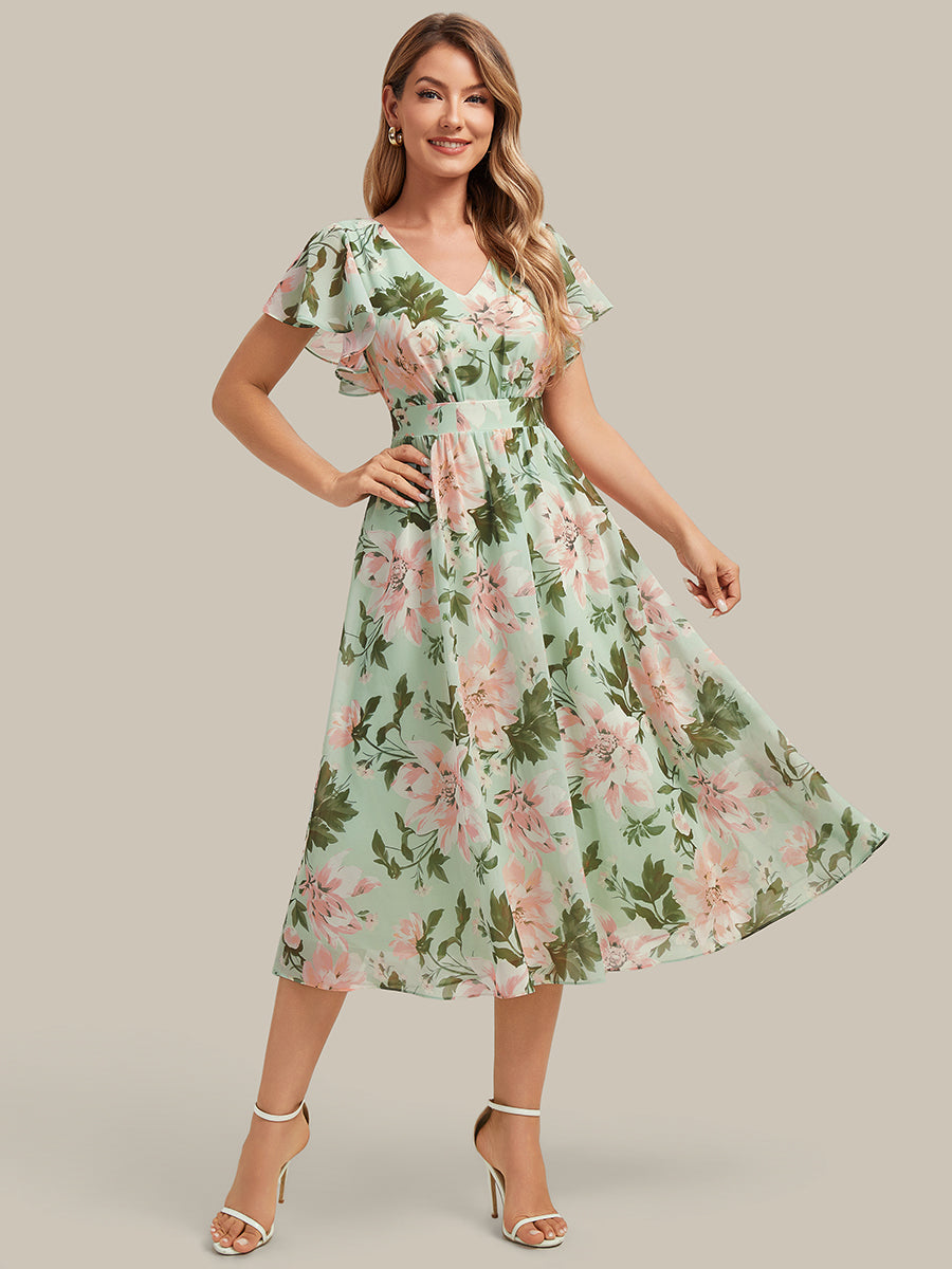 a line floral wedding guest dress Ever-Pretty Chiffon Ruffle Sleeve A-Line Midi Dress
