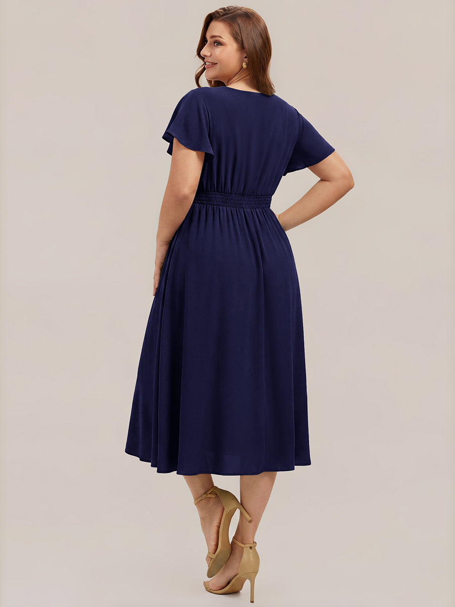 Chiffon Ruffle Sleeve A-Line Wedding Guest Dress #color_Navy Blue