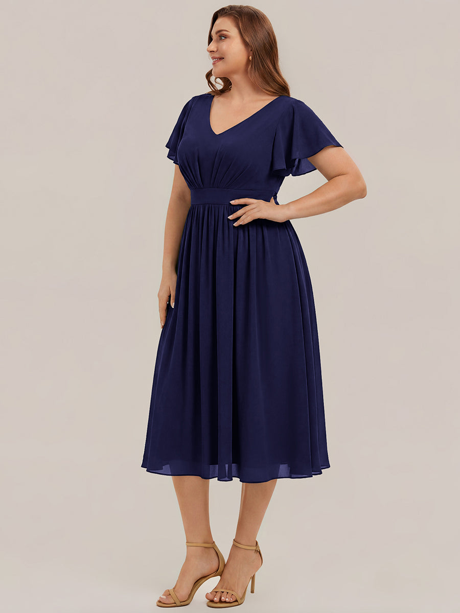 Chiffon Ruffle Sleeve A-Line Wedding Guest Dress #color_Navy Blue