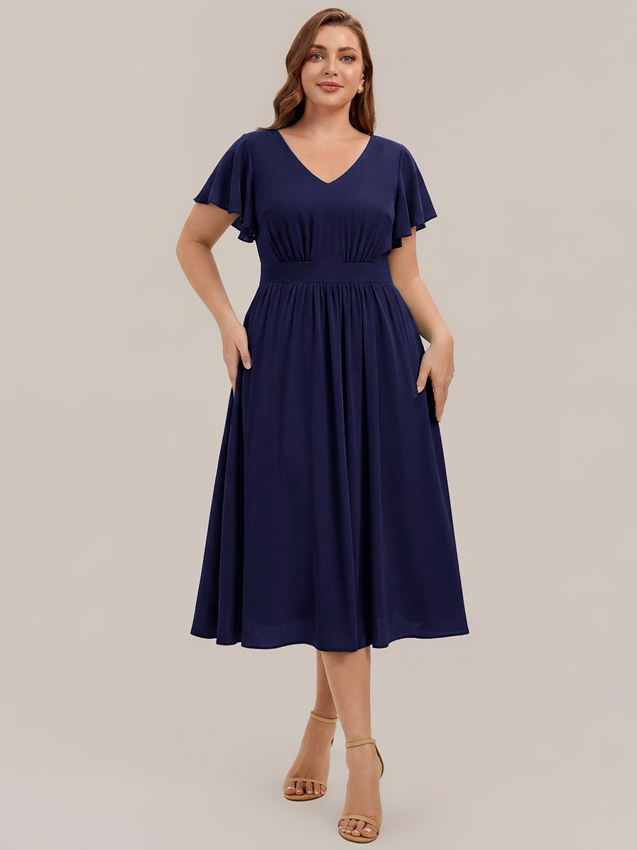 Chiffon Ruffle Sleeve A-Line Wedding Guest Dress #color_Navy Blue