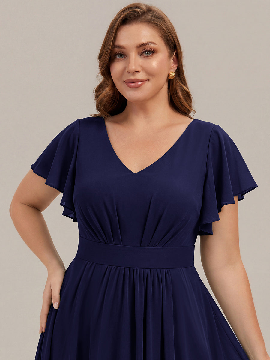 Plus Size Chiffon Ruffle Sleeve Wedding Guest Dress #color_Navy Blue