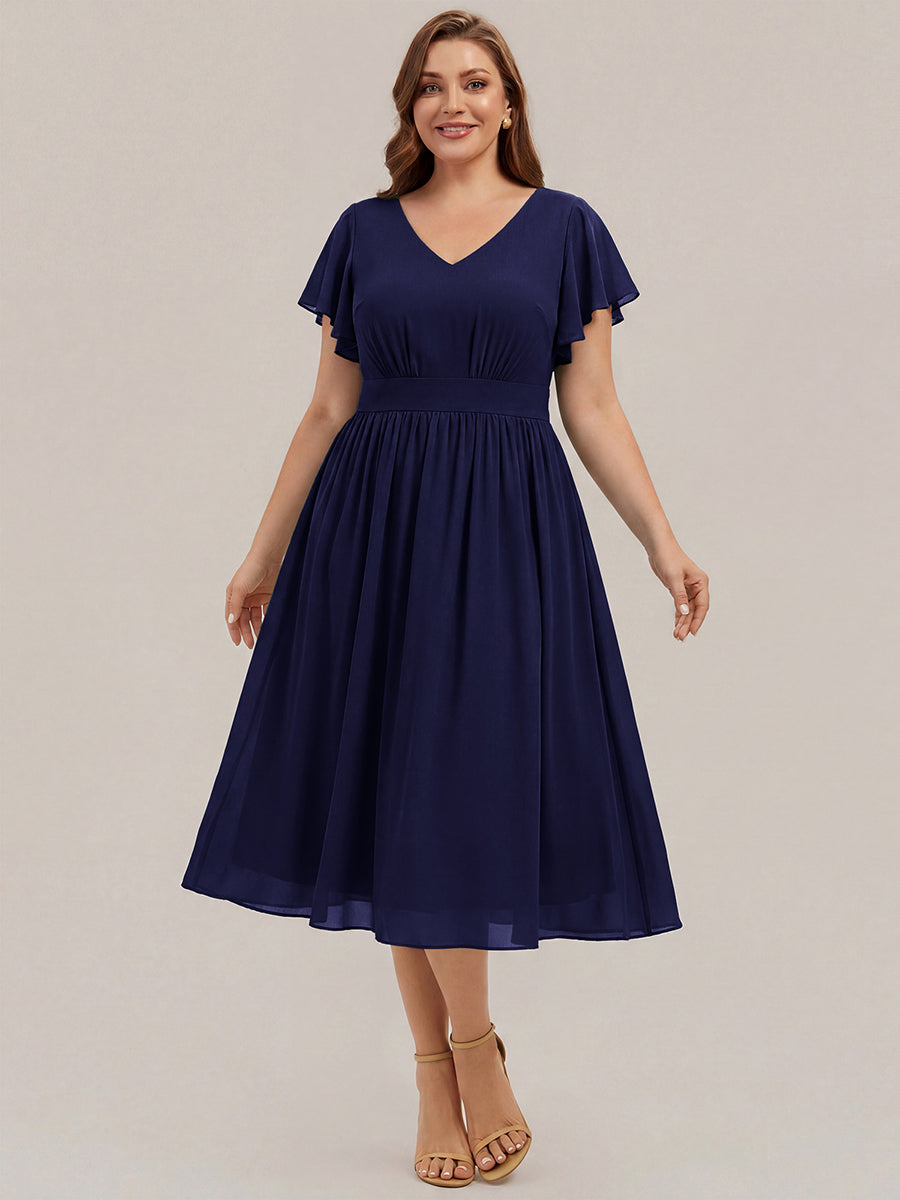 Plus Size Chiffon Ruffle Sleeve Wedding Guest Dress #color_Navy Blue