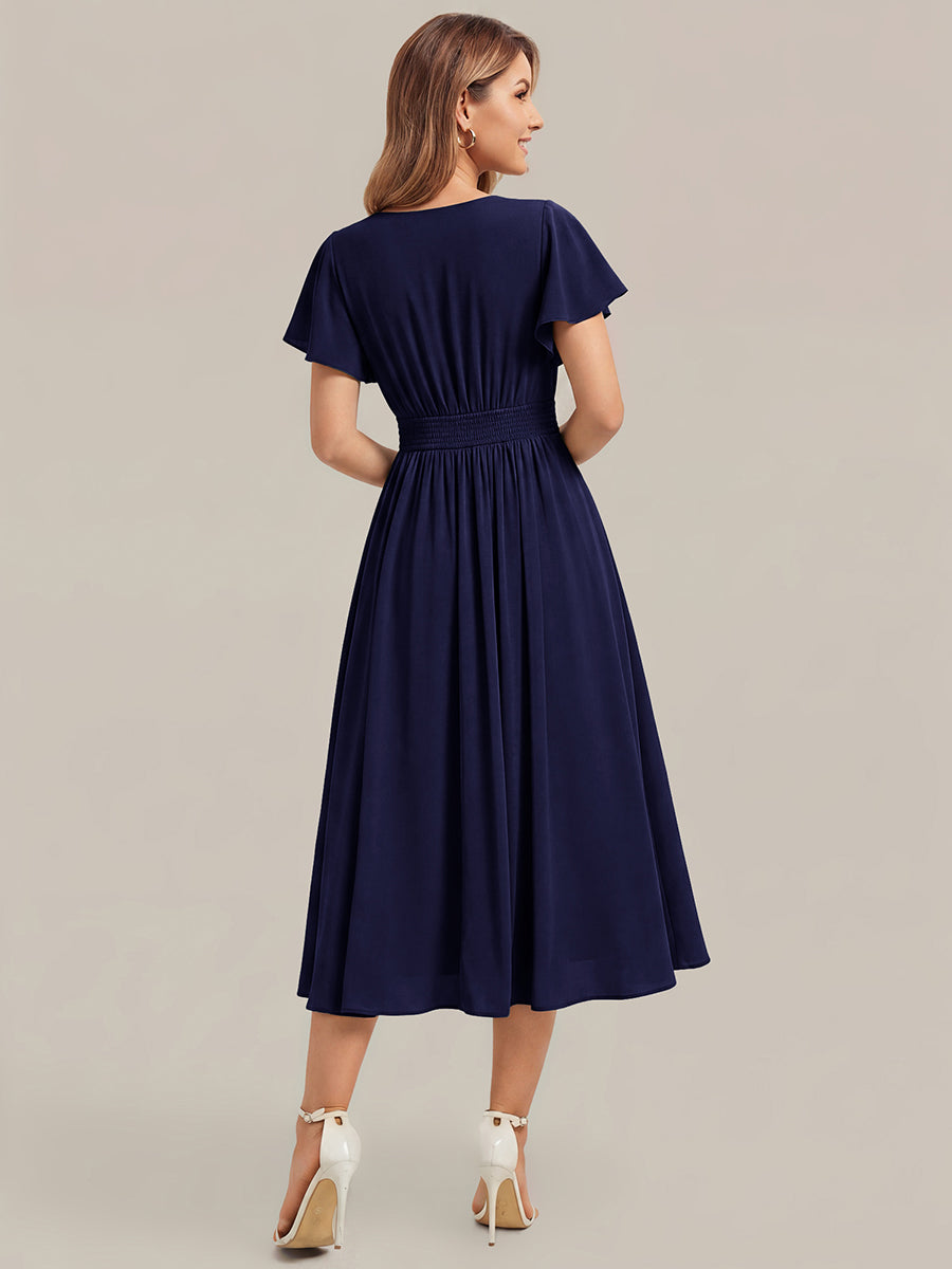 Chiffon Ruffle Sleeve A-Line Wedding Guest Dress #color_Navy Blue