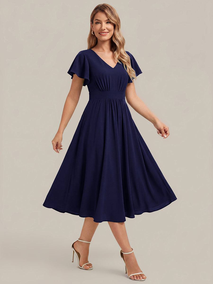 Chiffon Ruffle Sleeve A-Line Wedding Guest Dress #color_Navy Blue