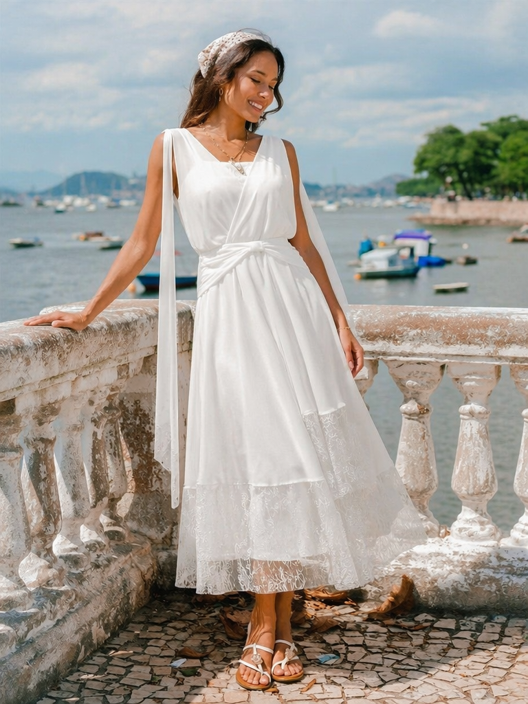 Chiffon Ribbon Sleeveless A-Line Wedding Guest Dress #color_White