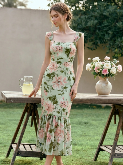 Mermaid Chiffon Sleeveless Wedding Guest Dress #color_Light Green Floral