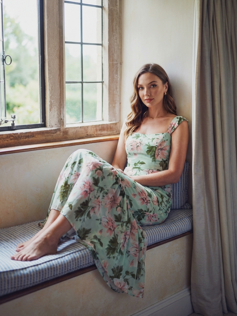 Mermaid Chiffon Sleeveless Wedding Guest Dress #color_Light Green Floral