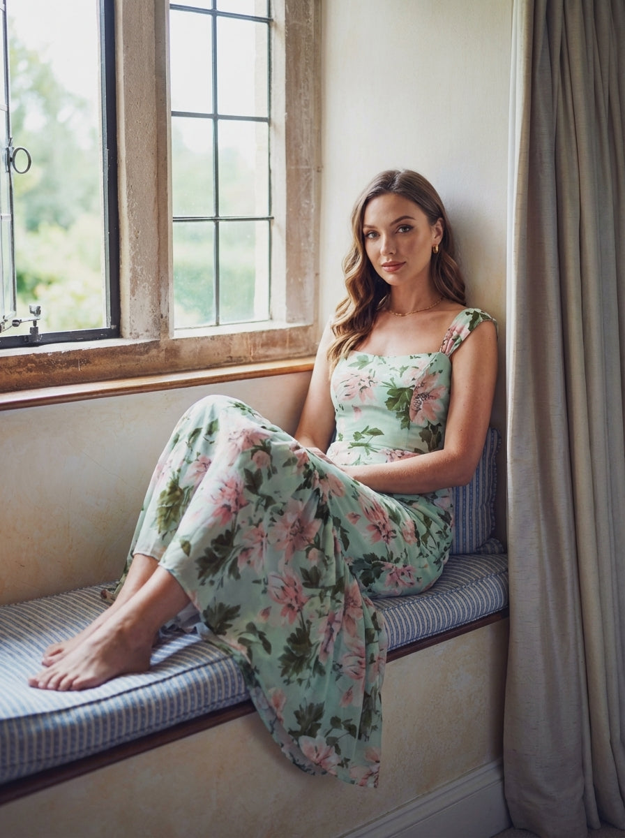 Square Neck Midi Wedding Guest Dress with Ruffle Hem