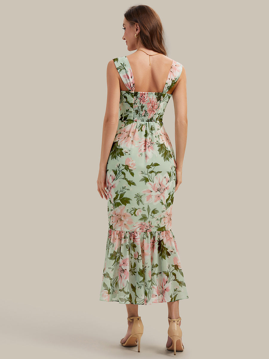 Mermaid Chiffon Sleeveless Wedding Guest Dress #color_Light Green Floral