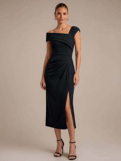 Slit Crepe Cap Sleeve Wedding Guest Dress
