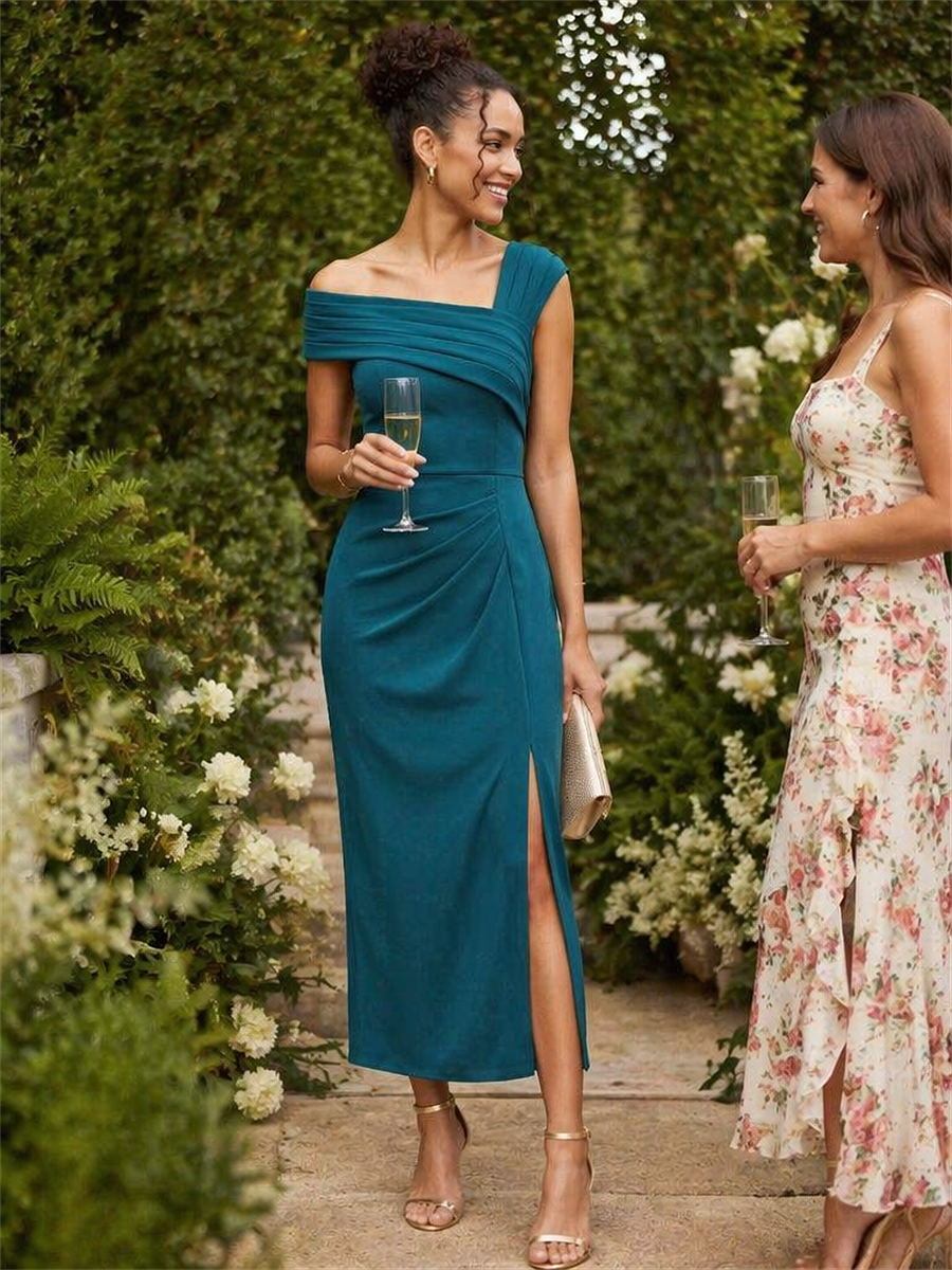 Slit Crepe Cap Sleeve Wedding Guest Dress #color_Teal Blue