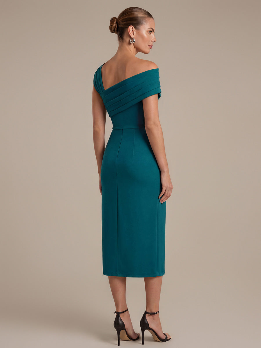 Slit Crepe Cap Sleeve Wedding Guest Dress #color_Teal Blue