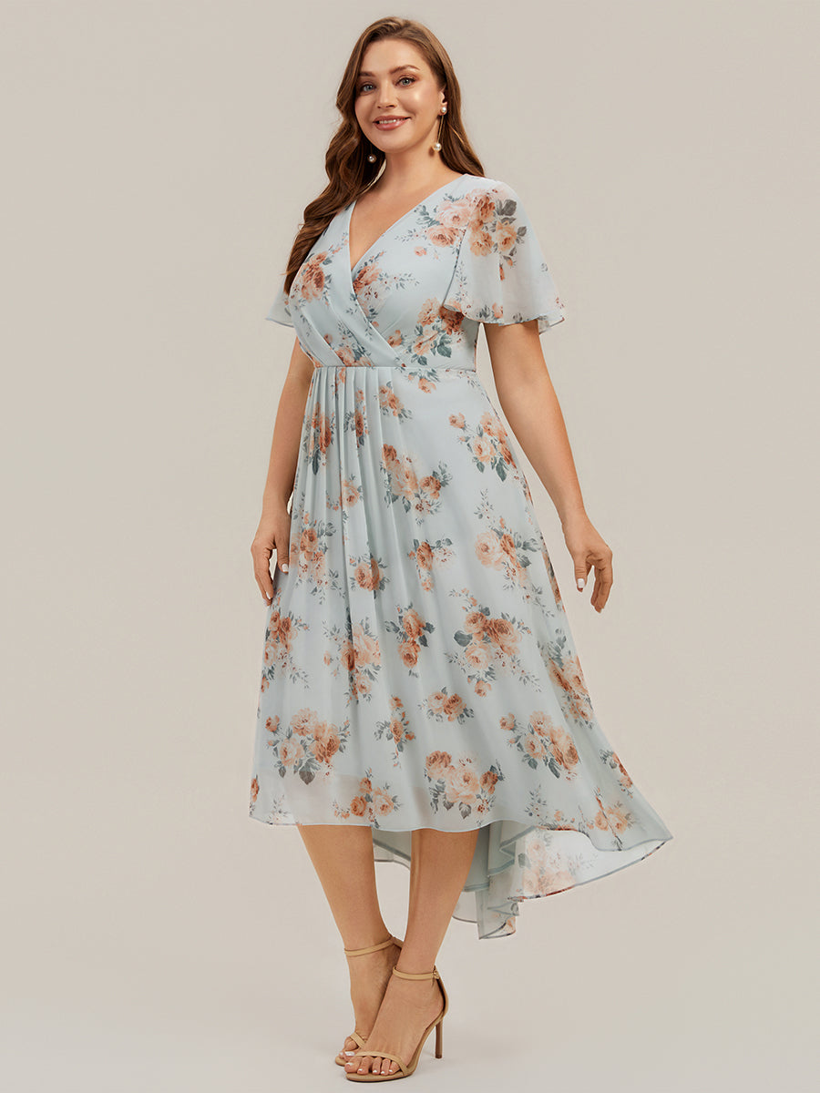 Printed Chiffon Ruffle Sleeve Wedding Guest Dress #color_Amber Bloom