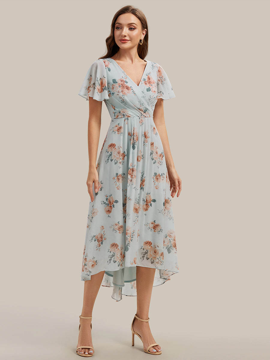 Printed Chiffon Ruffle Sleeve Wedding Guest Dress #color_Amber Bloom