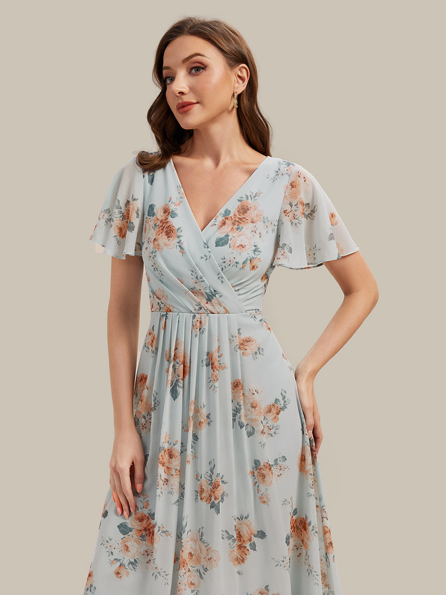 Printed Chiffon Ruffle Sleeve Wedding Guest Dress #color_Amber Bloom