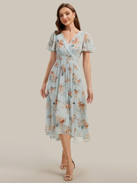 Ever-Pretty V-Neck High Low Midi Fall Formal Wedding Guest Dress with Flutter Sleeves