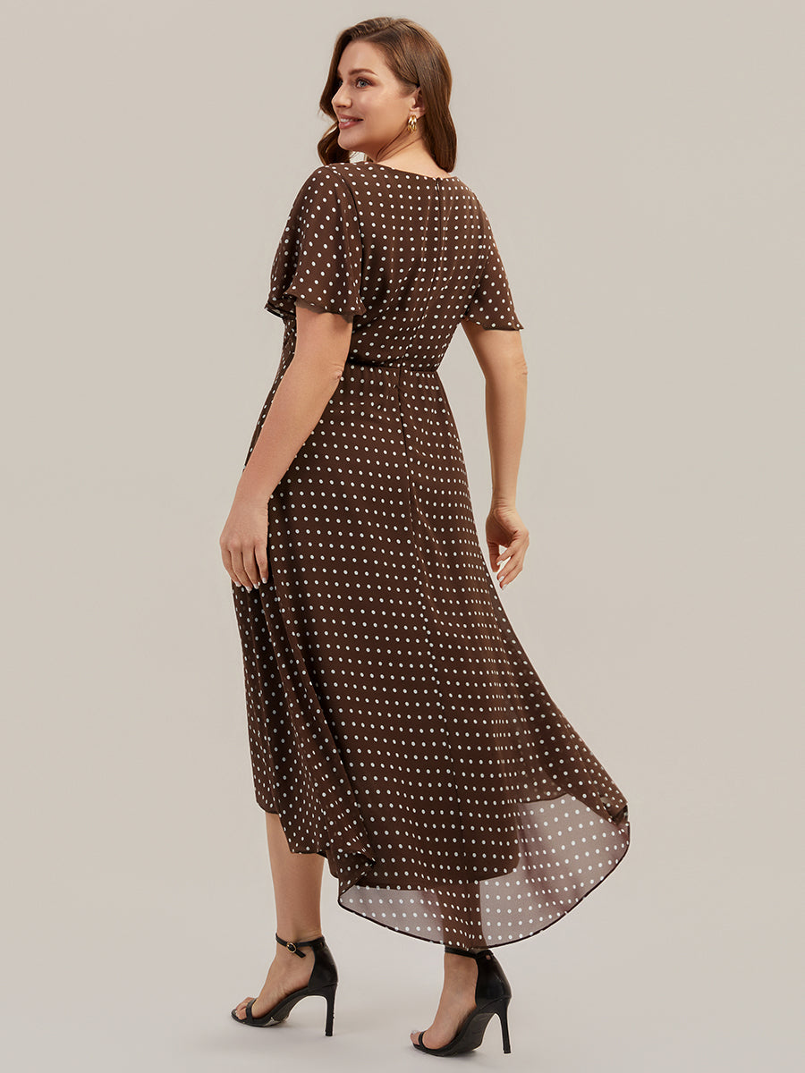 Printed Chiffon Ruffle Sleeve Wedding Guest Dress #color_Brown Polka Dots
