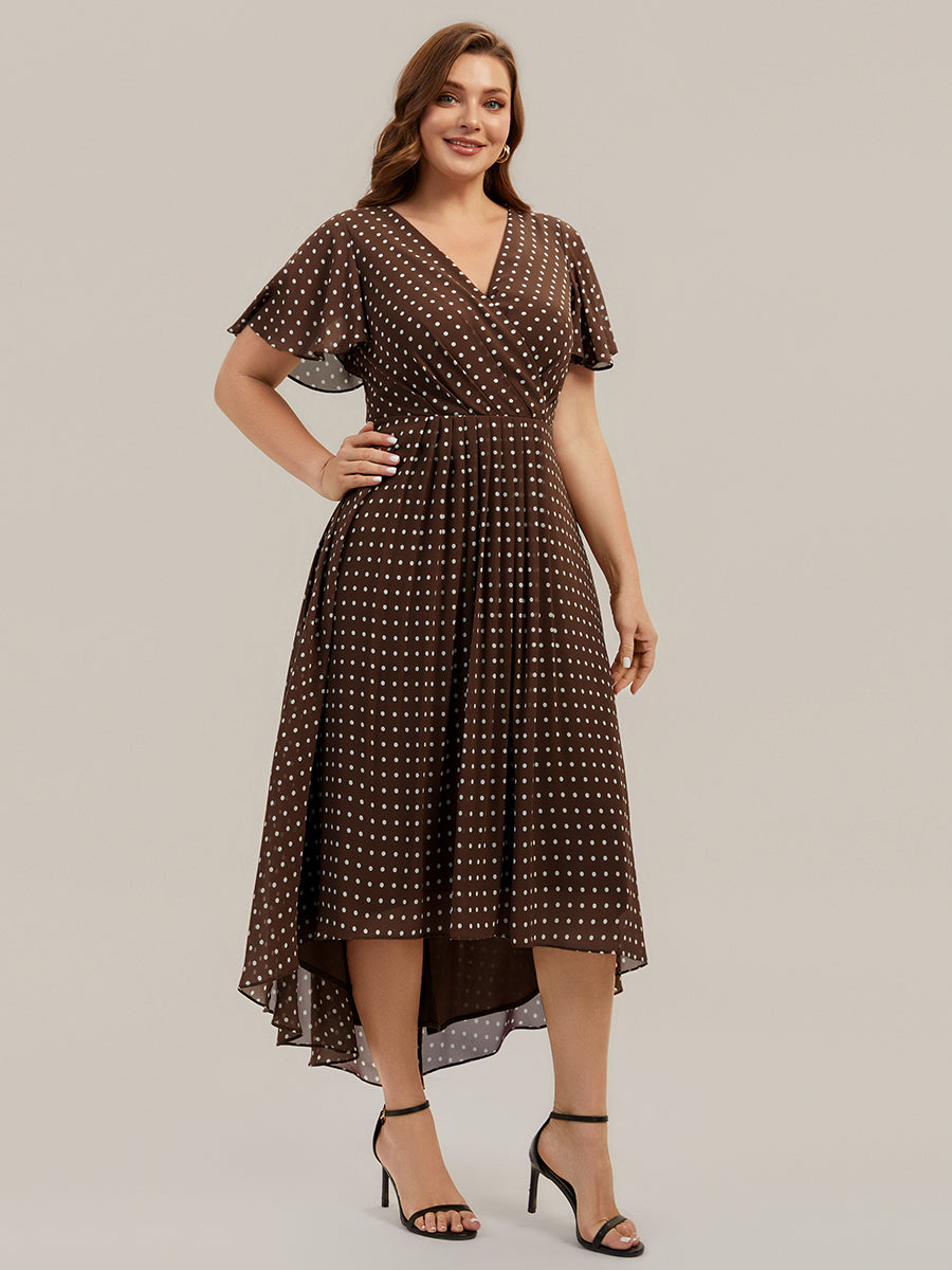 Plus Size Printed Chiffon Wedding Guest Dress #color_Brown Polka Dots