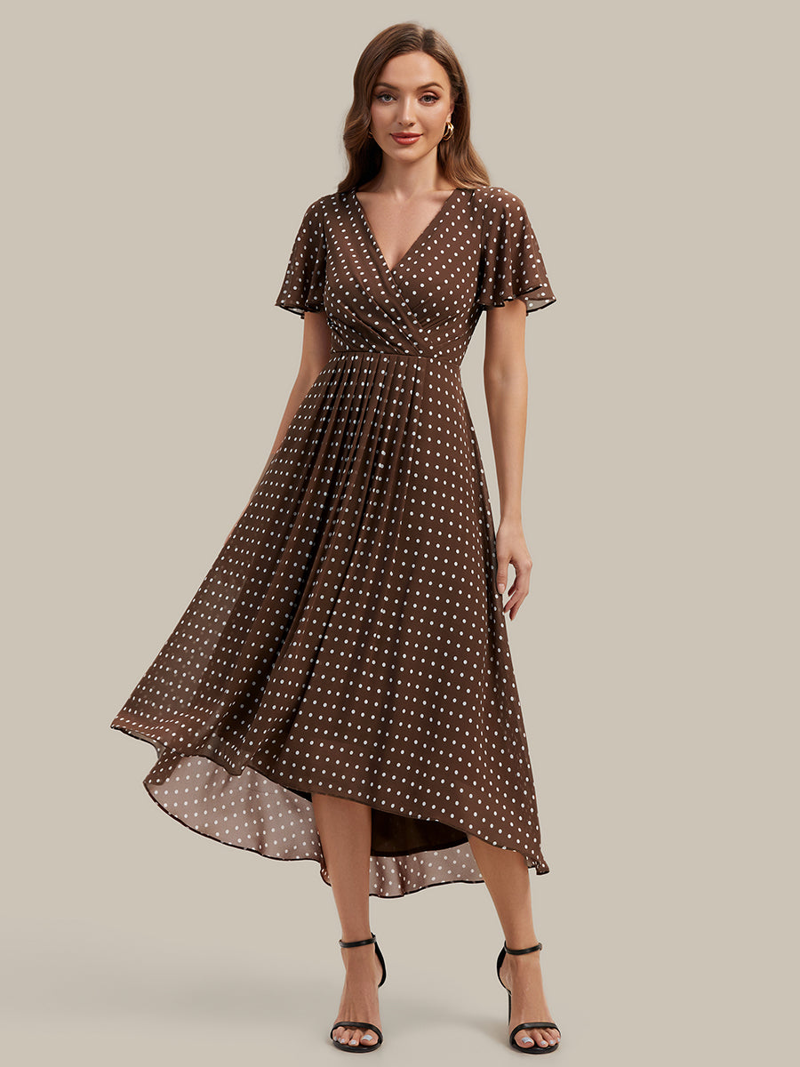Printed Chiffon Ruffle Sleeve Wedding Guest Dress #color_Brown Polka Dots