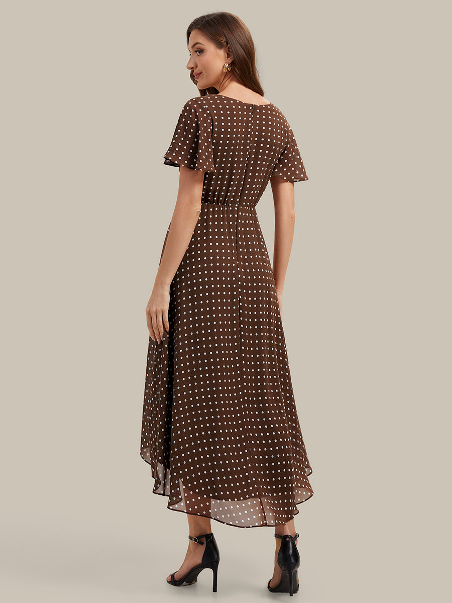 Printed Chiffon Ruffle Sleeve Wedding Guest Dress #color_Brown Polka Dots