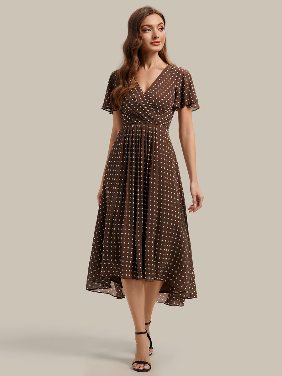 Printed Chiffon Ruffle Sleeve Wedding Guest Dress #color_Brown Polka Dots