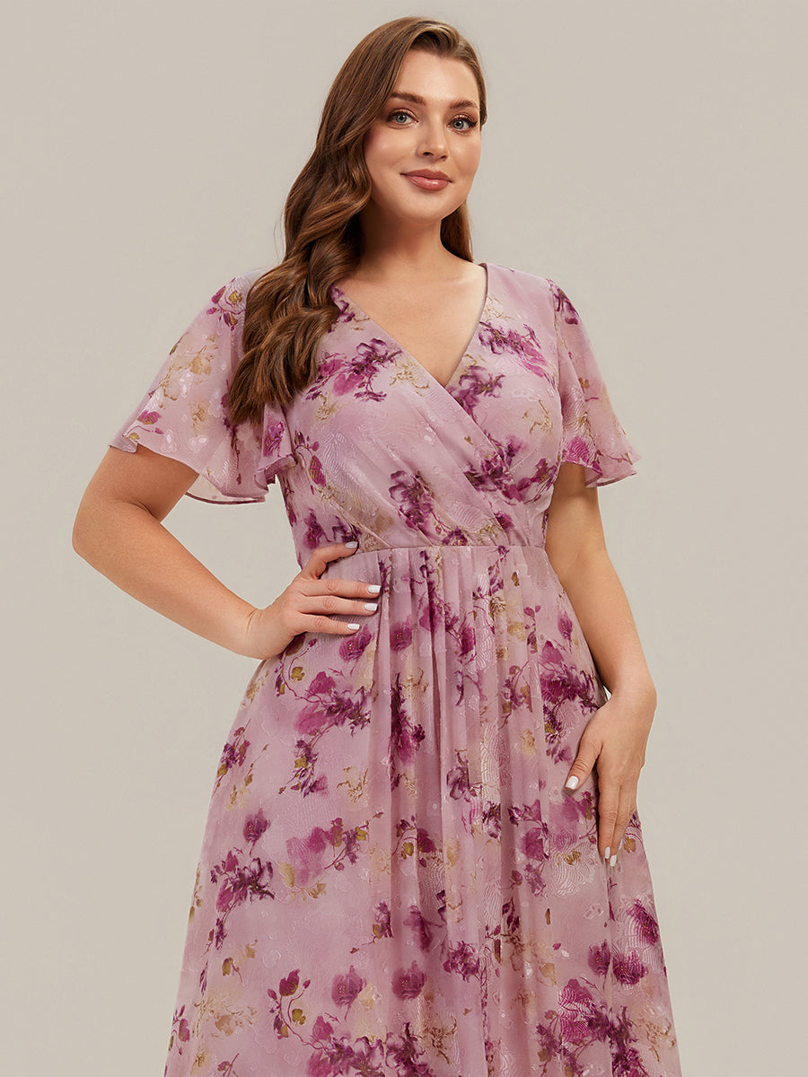 Printed Chiffon Ruffle Sleeve Wedding Guest Dress #color_Light Purple Print