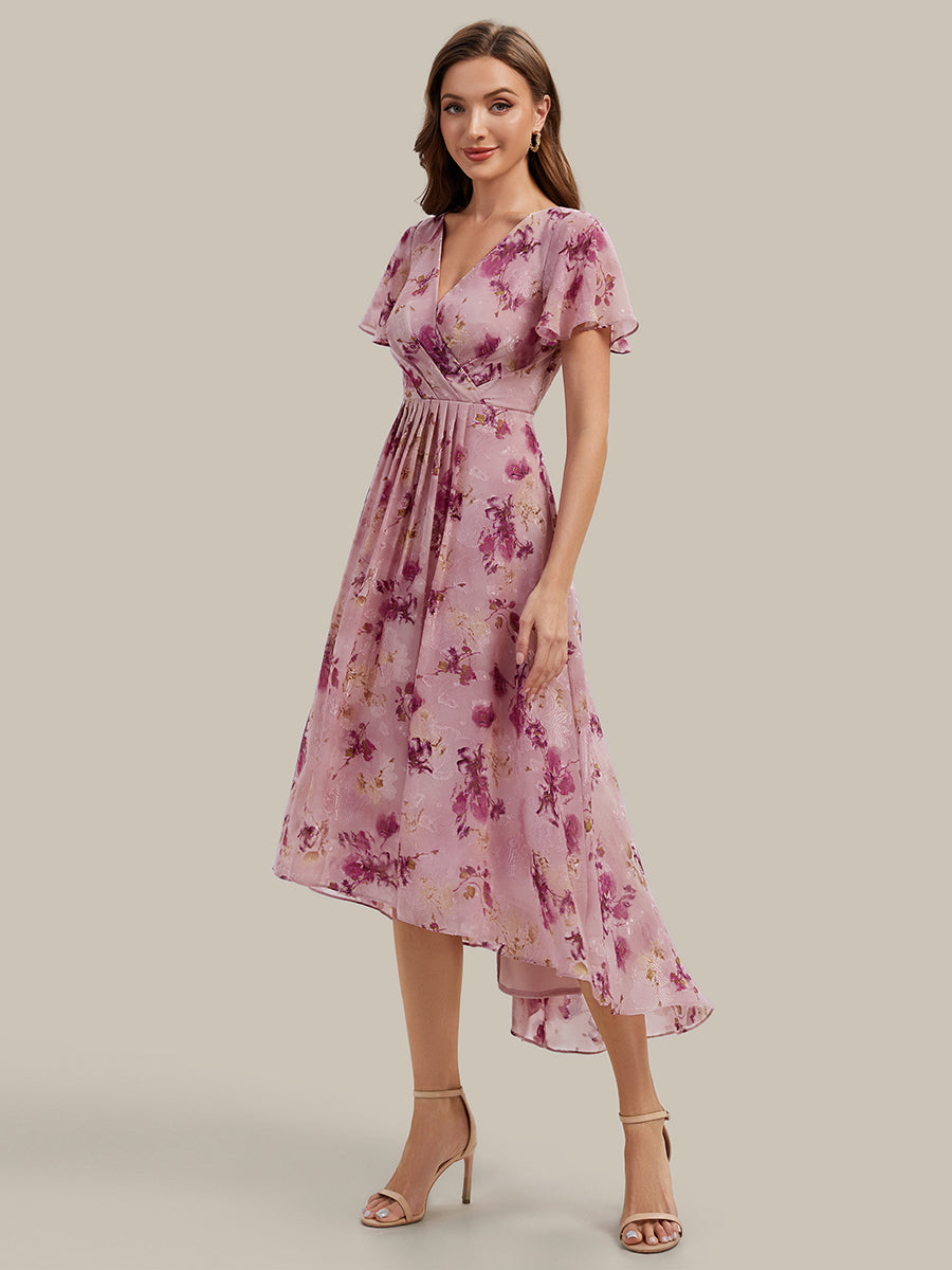 V-Neck High Low Midi Wedding Guest Dress with Flutter Sleeves