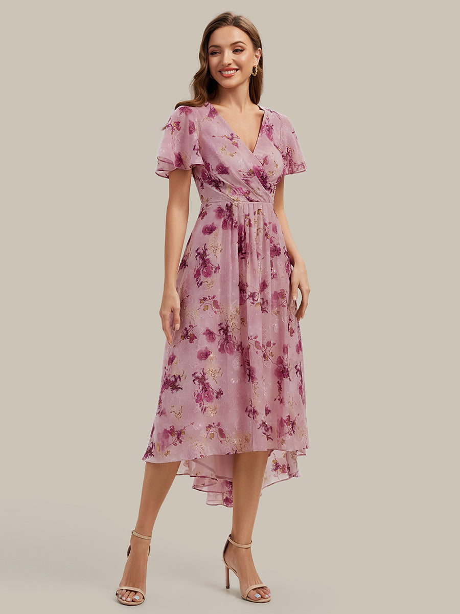 pink midi dress wedding guest Ever-Pretty V-Neck High Low Midi With Sleev With Flutter Sleeves