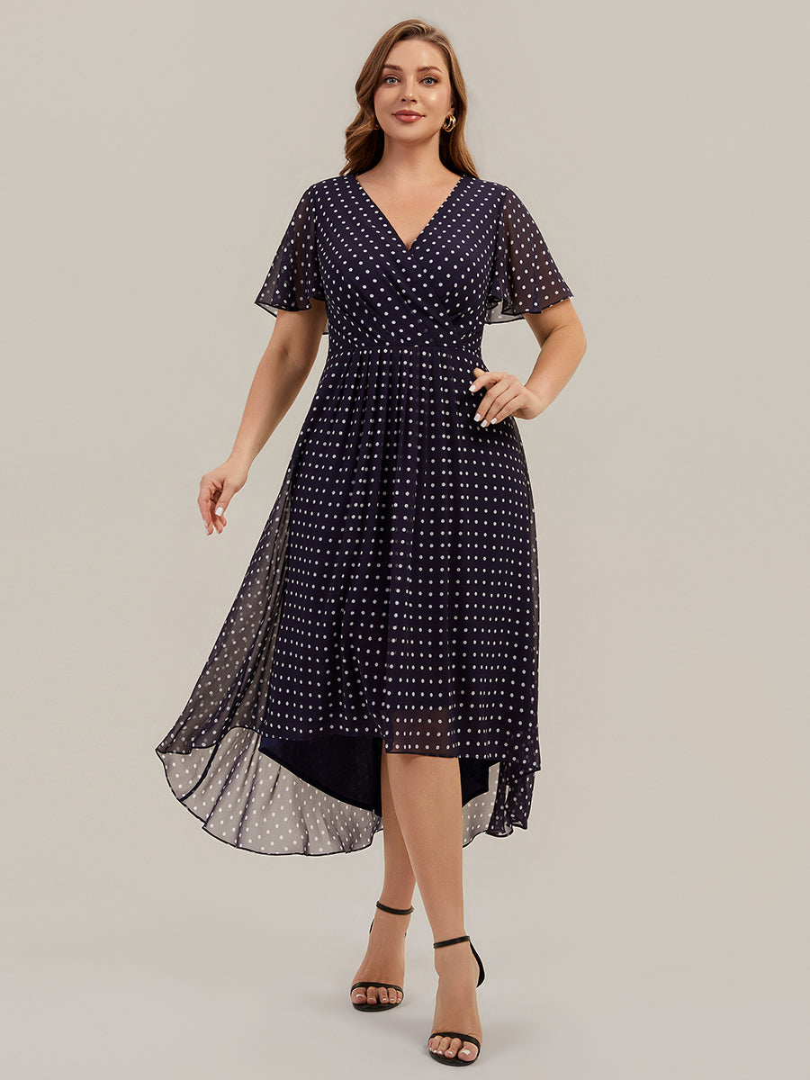 Plus Size Printed Chiffon Wedding Guest Dress #color_Navy Blue Polka Dots