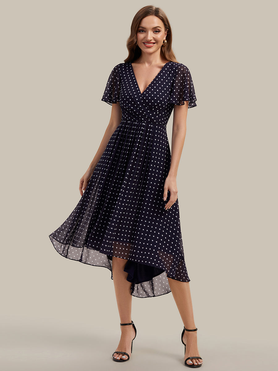 Printed Chiffon Ruffle Sleeve Wedding Guest Dress #color_Navy Blue Polka Dots