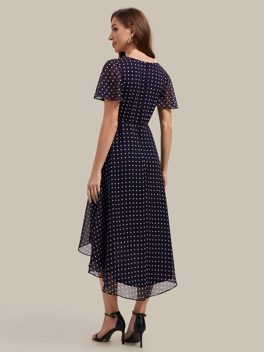 Printed Chiffon Ruffle Sleeve Wedding Guest Dress #color_Navy Blue Polka Dots