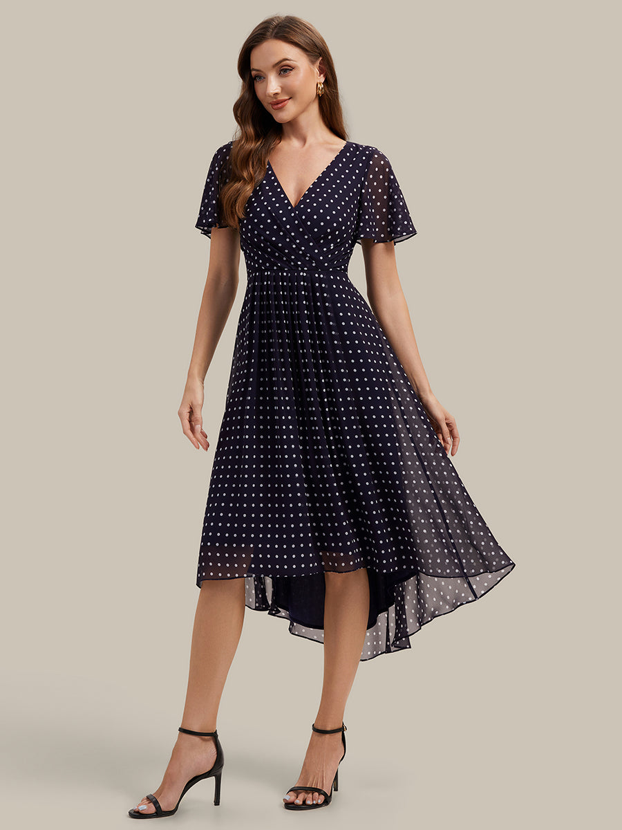 Printed Chiffon Ruffle Sleeve Wedding Guest Dress #color_Navy Blue Polka Dots