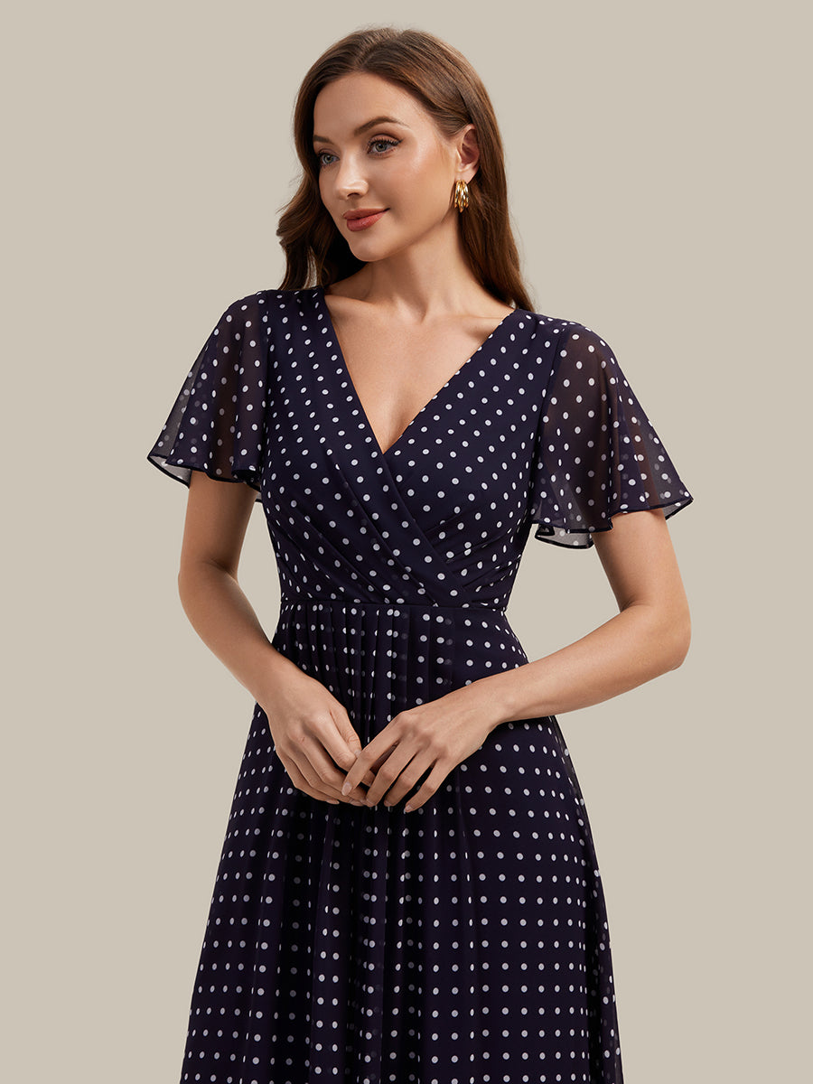 Printed Chiffon Ruffle Sleeve Wedding Guest Dress #color_Navy Blue Polka Dots