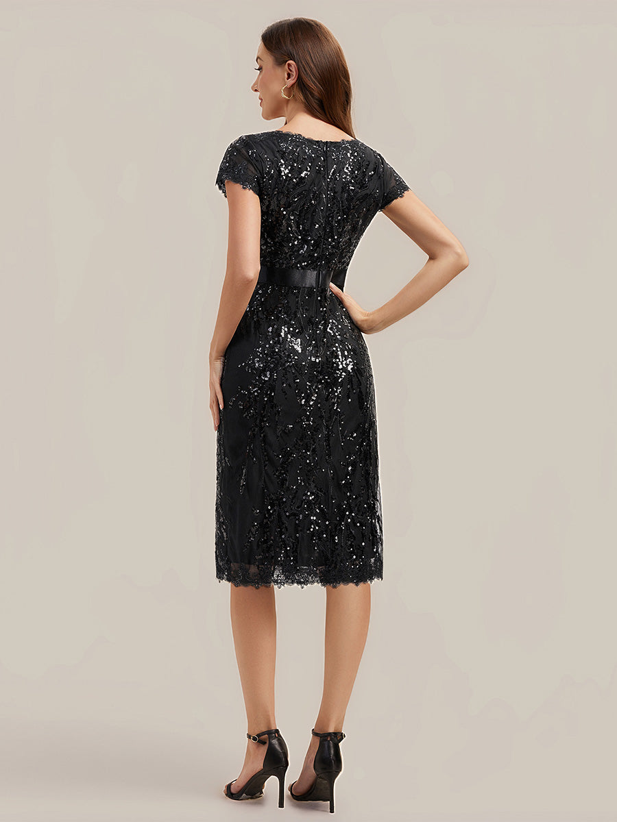 Ever-Pretty Sequin Lace V-Neck Midi Cocktail Dress with Short Sleeves Ever-Pretty Sequin Lace V-Neck Midi Cocktail Dress with Short Sleeves