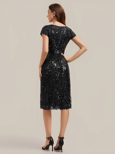 Bodycon Midi Sequin Cap Sleeve Wedding Guest Dress #color_Black