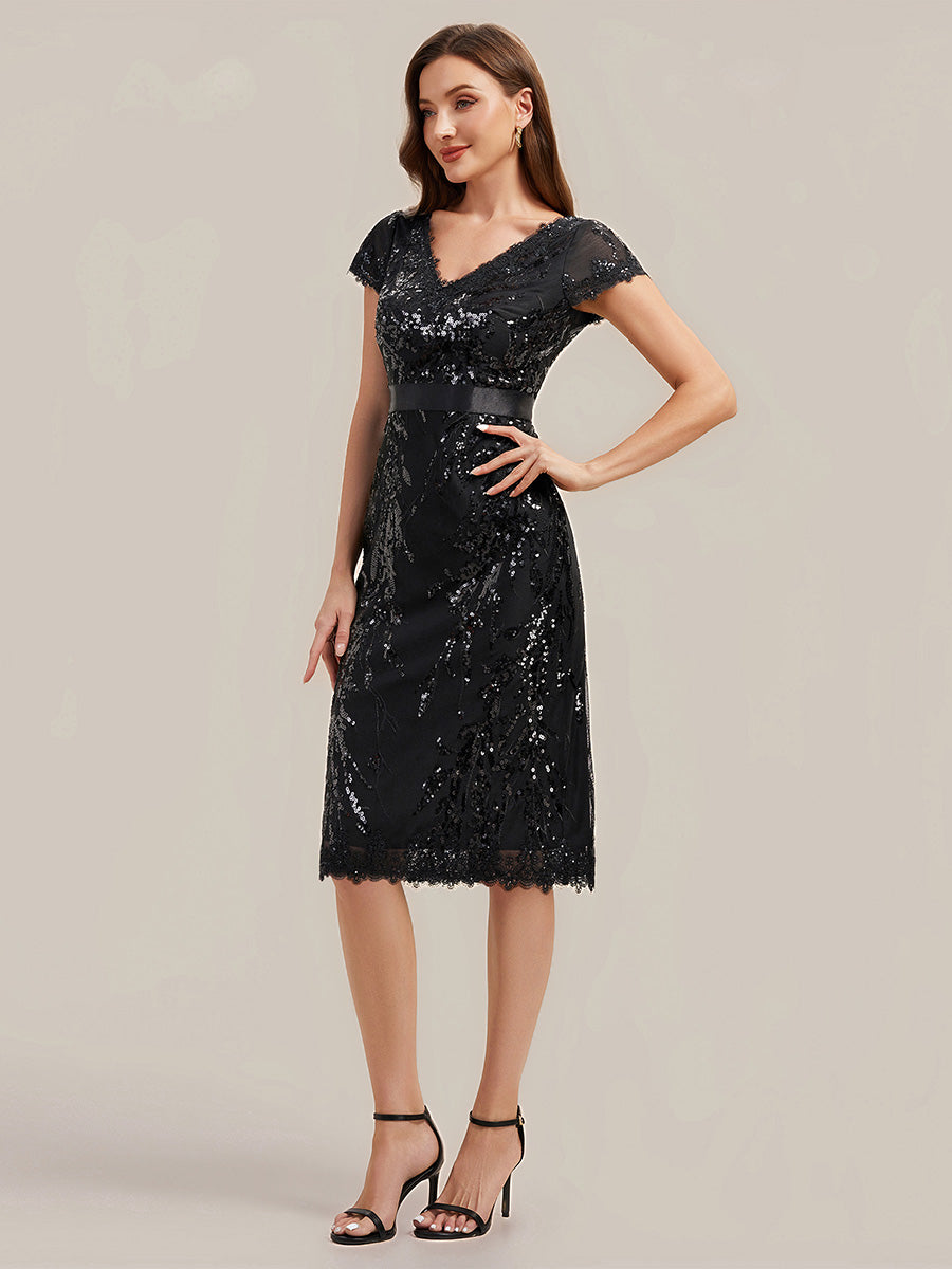 Ever-Pretty Sequin Lace V-Neck Midi Cocktail Dress with Short Sleeves